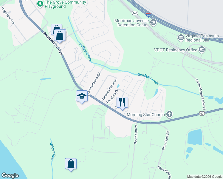 map of restaurants, bars, coffee shops, grocery stores, and more near 212 Tarleton Bivouac Street in Williamsburg