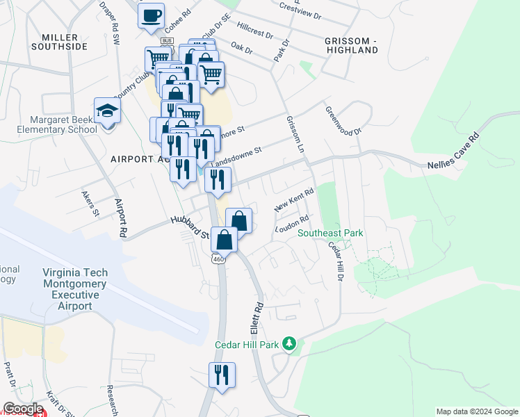 map of restaurants, bars, coffee shops, grocery stores, and more near 1813 Grayland Street in Blacksburg