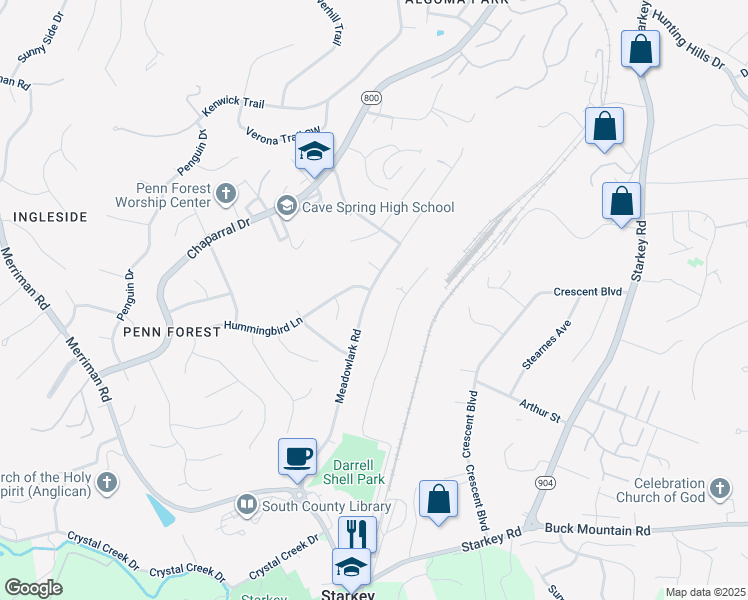 map of restaurants, bars, coffee shops, grocery stores, and more near 3710 Meadowlark Road in Roanoke