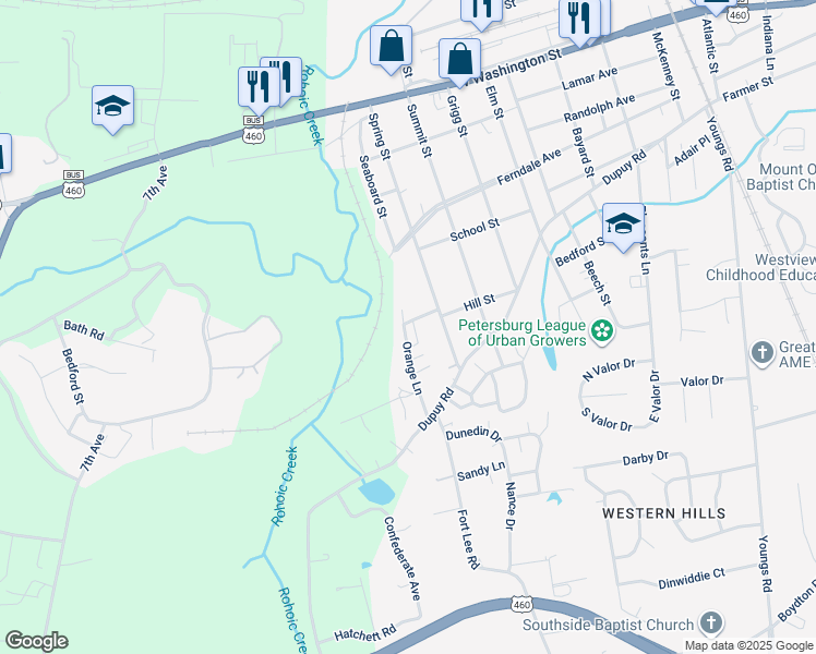 map of restaurants, bars, coffee shops, grocery stores, and more near 410 Orange Lane in Petersburg