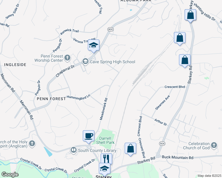 map of restaurants, bars, coffee shops, grocery stores, and more near 3710 Meadowlark Road in Roanoke