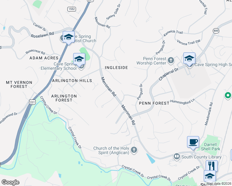 map of restaurants, bars, coffee shops, grocery stores, and more near 5726 Merriman Rd in Roanoke
