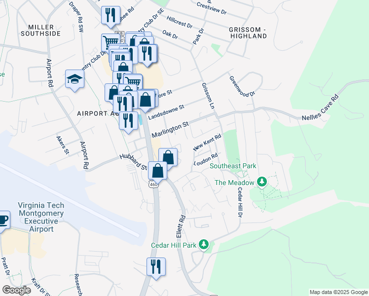 map of restaurants, bars, coffee shops, grocery stores, and more near 1813 Grayland Street in Blacksburg