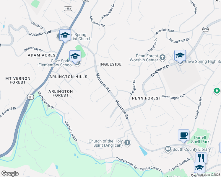 map of restaurants, bars, coffee shops, grocery stores, and more near 5726 Merriman Rd in Roanoke