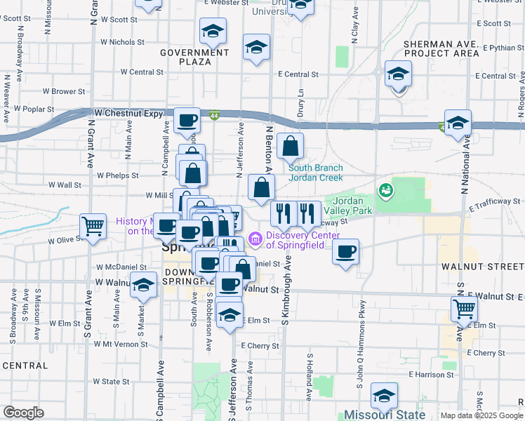 map of restaurants, bars, coffee shops, grocery stores, and more near 505 East Trafficway Street in Springfield