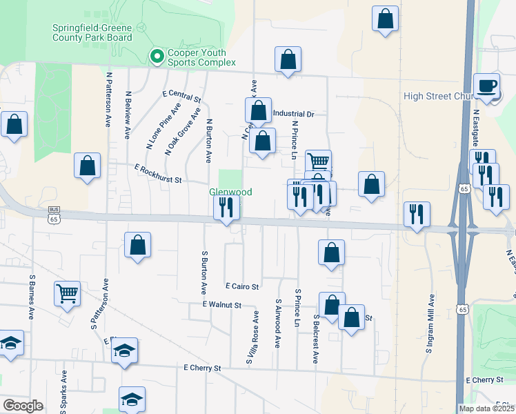map of restaurants, bars, coffee shops, grocery stores, and more near 424 North Cedarbrook Avenue in Springfield