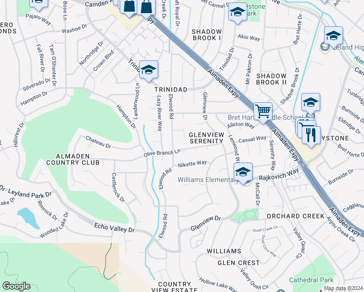 map of restaurants, bars, coffee shops, grocery stores, and more near 1143 Olive Branch Lane in San Jose