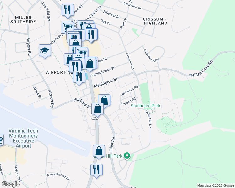 map of restaurants, bars, coffee shops, grocery stores, and more near 330 New Kent Road in Blacksburg