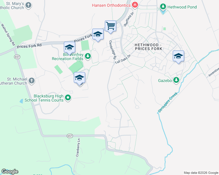 map of restaurants, bars, coffee shops, grocery stores, and more near 2907 Tall Oaks Drive in Blacksburg