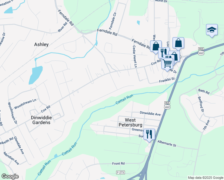map of restaurants, bars, coffee shops, grocery stores, and more near 25416 Walkers Landing Court in Petersburg