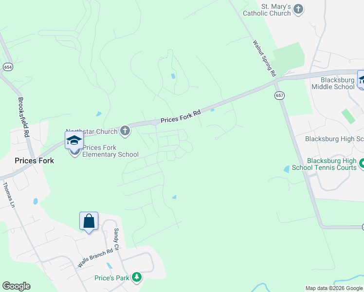 map of restaurants, bars, coffee shops, grocery stores, and more near 3787 Prices Fork Road in Blacksburg
