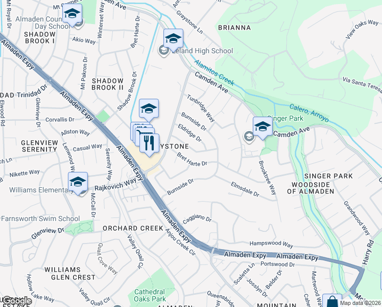 map of restaurants, bars, coffee shops, grocery stores, and more near 6948 Bret Harte Drive in San Jose