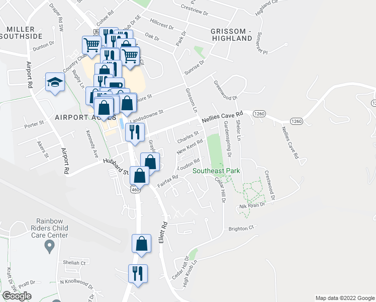 map of restaurants, bars, coffee shops, grocery stores, and more near 311 Loudon Road in Blacksburg