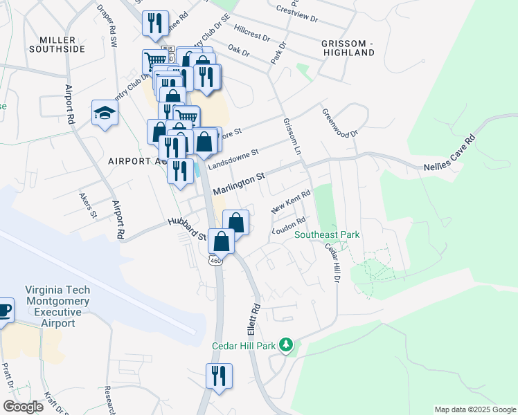 map of restaurants, bars, coffee shops, grocery stores, and more near 1813 Grayland Street in Blacksburg