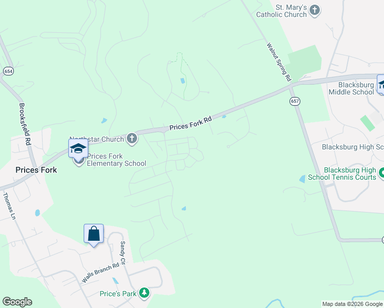 map of restaurants, bars, coffee shops, grocery stores, and more near 3787 Prices Fork Road in Blacksburg