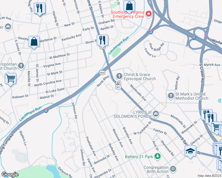 map of restaurants, bars, coffee shops, grocery stores, and more near 1550 South Sycamore Street in Petersburg