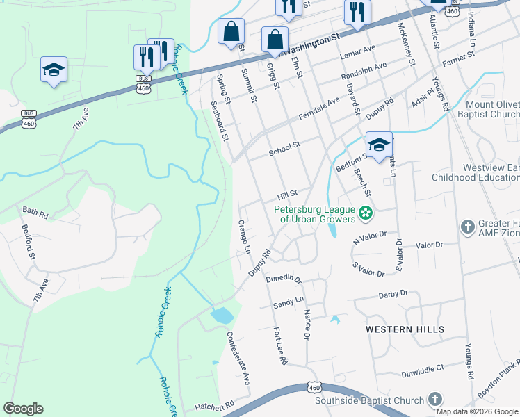 map of restaurants, bars, coffee shops, grocery stores, and more near 422 Spring Street in Petersburg
