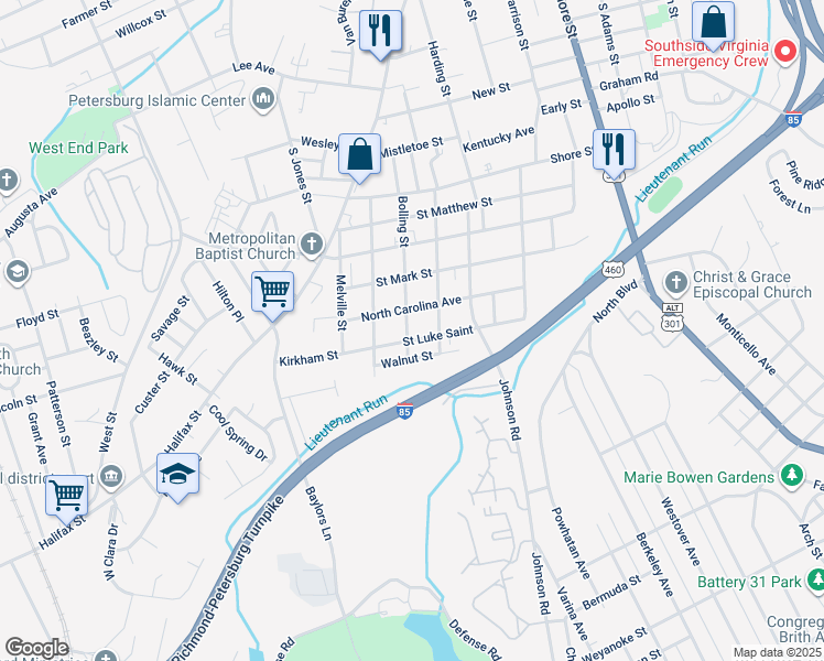 map of restaurants, bars, coffee shops, grocery stores, and more near 1221 Bolling Street in Petersburg