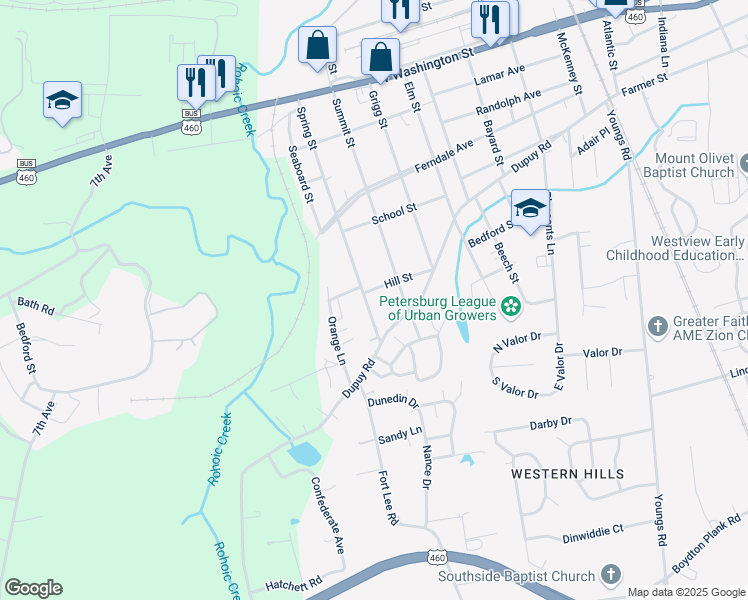 map of restaurants, bars, coffee shops, grocery stores, and more near 2226 Hill Street in Petersburg