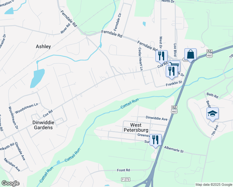 map of restaurants, bars, coffee shops, grocery stores, and more near 25416 Walkers Landing Court in Petersburg