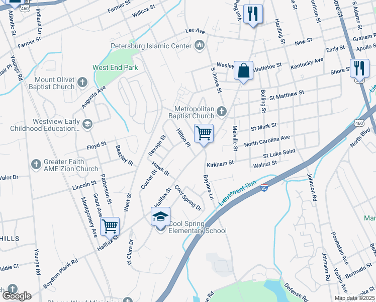 map of restaurants, bars, coffee shops, grocery stores, and more near 1112 Hilton Place in Petersburg