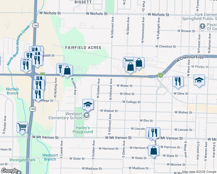 map of restaurants, bars, coffee shops, grocery stores, and more near 3007 West Olive Street in Springfield