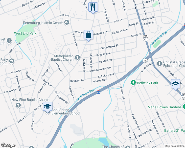 map of restaurants, bars, coffee shops, grocery stores, and more near 1205 Saint James Street in Petersburg