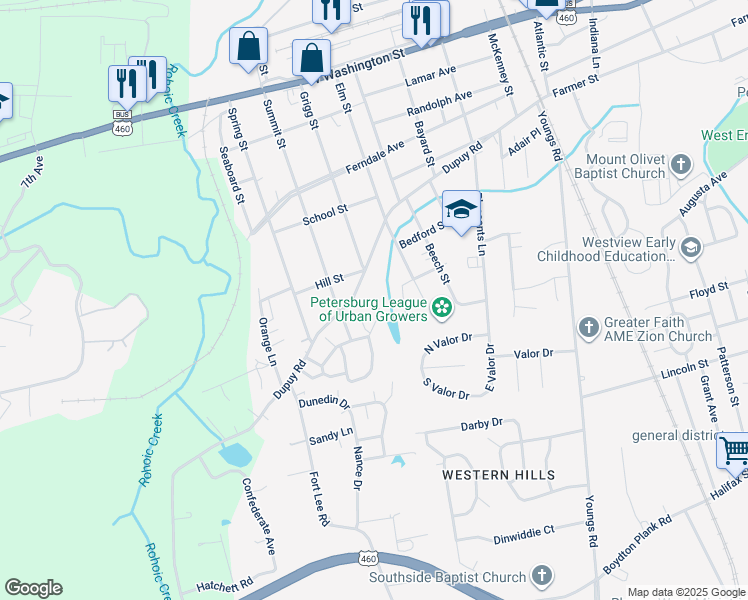 map of restaurants, bars, coffee shops, grocery stores, and more near 523 Summit Street in Petersburg