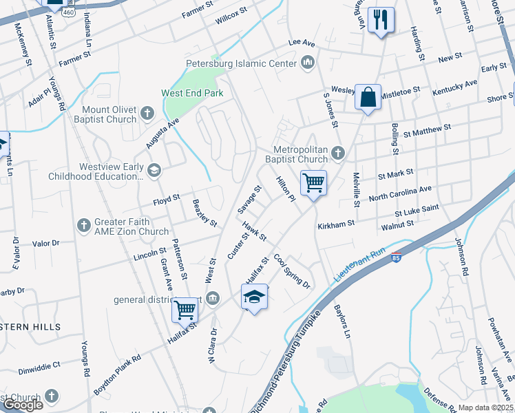 map of restaurants, bars, coffee shops, grocery stores, and more near 1210 Bland Street in Petersburg