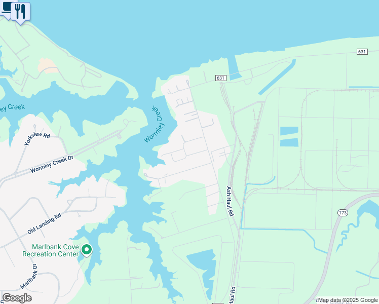 map of restaurants, bars, coffee shops, grocery stores, and more near 108 Basta Drive in Yorktown