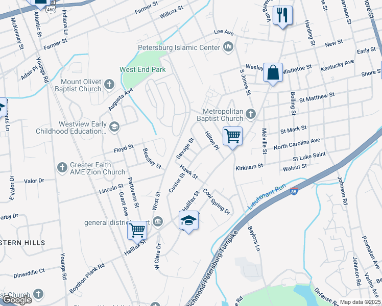 map of restaurants, bars, coffee shops, grocery stores, and more near 1210 Bland Street in Petersburg