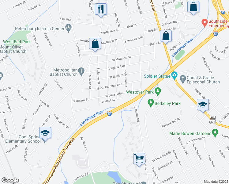 map of restaurants, bars, coffee shops, grocery stores, and more near 413 Saint Luke Street in Petersburg