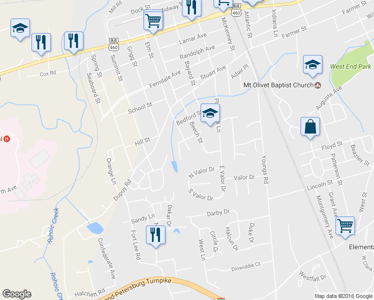 map of restaurants, bars, coffee shops, grocery stores, and more near 518 Elm Street in Petersburg