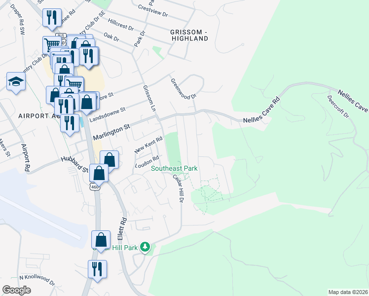 map of restaurants, bars, coffee shops, grocery stores, and more near 1815 Gardenspring Dr in Blacksburg