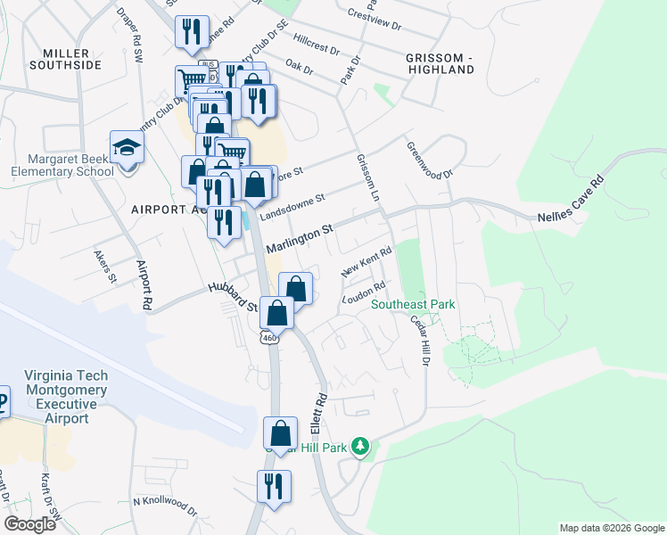 map of restaurants, bars, coffee shops, grocery stores, and more near 330 New Kent Road in Blacksburg