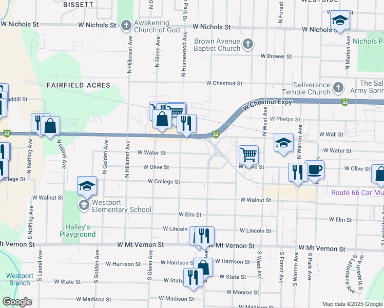 map of restaurants, bars, coffee shops, grocery stores, and more near 2704 West Water Street in Springfield