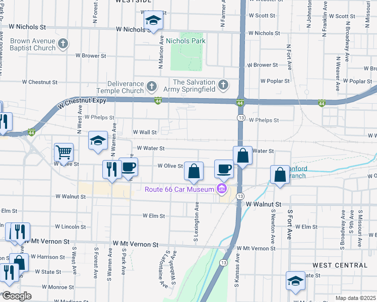 map of restaurants, bars, coffee shops, grocery stores, and more near 1822 West Water Street in Springfield