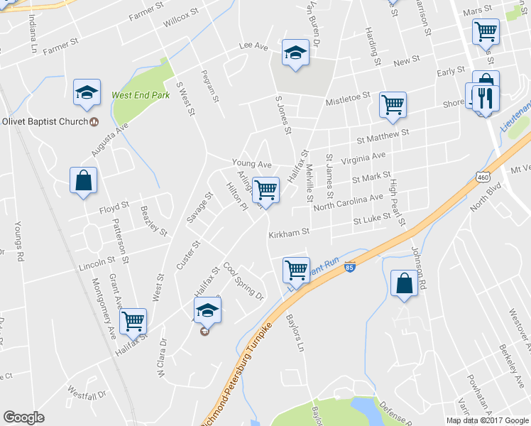 map of restaurants, bars, coffee shops, grocery stores, and more near 1136 Halifax St in Petersburg