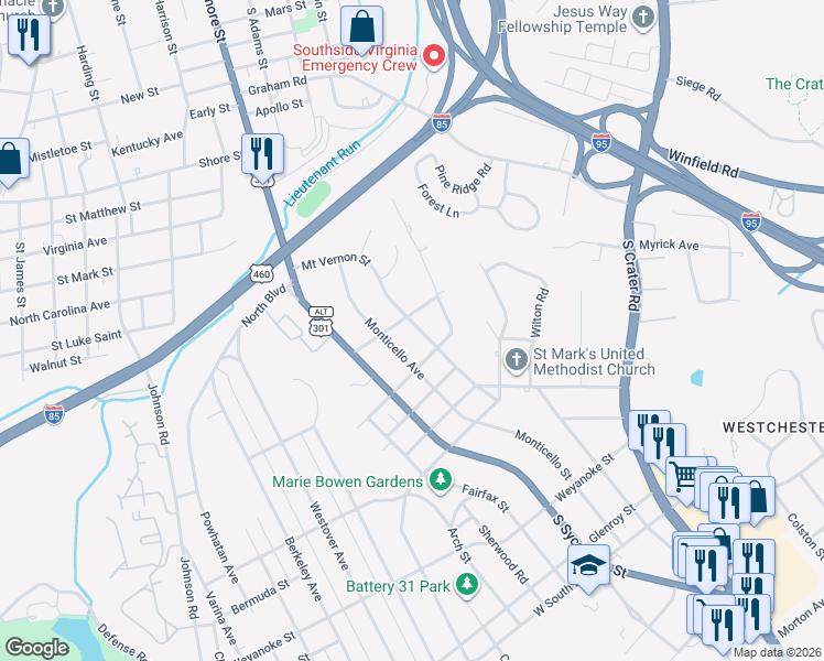 map of restaurants, bars, coffee shops, grocery stores, and more near 1620 Mount Vernon Street in Petersburg