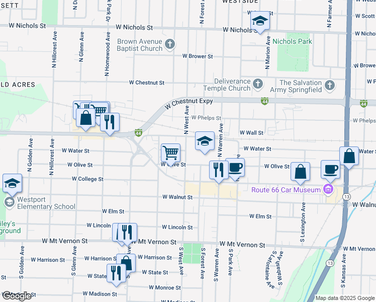 map of restaurants, bars, coffee shops, grocery stores, and more near 330 North West Avenue in Springfield