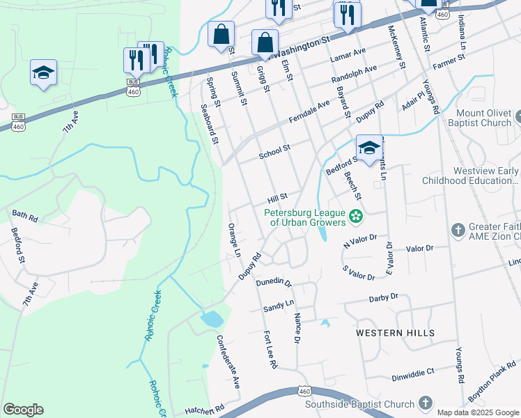 map of restaurants, bars, coffee shops, grocery stores, and more near 2226 Hill Street in Petersburg