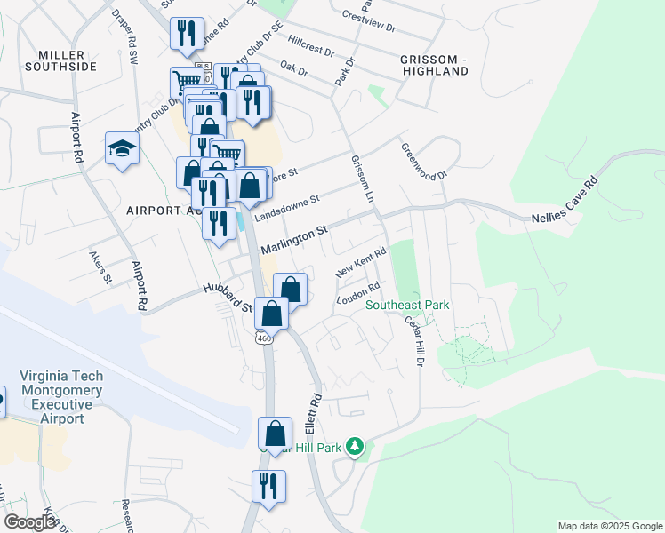map of restaurants, bars, coffee shops, grocery stores, and more near 330 New Kent Road in Blacksburg