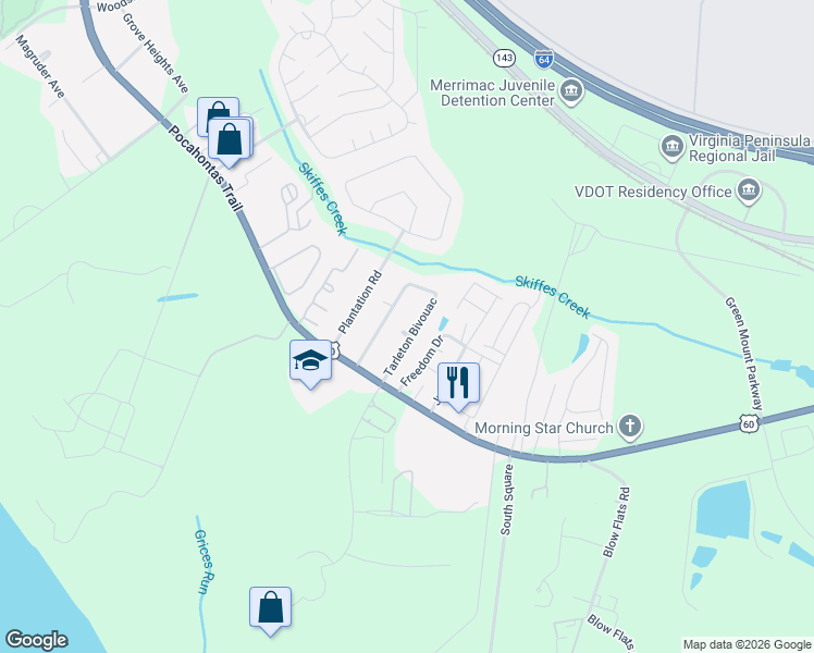 map of restaurants, bars, coffee shops, grocery stores, and more near 212 Tarleton Bivouac in Williamsburg