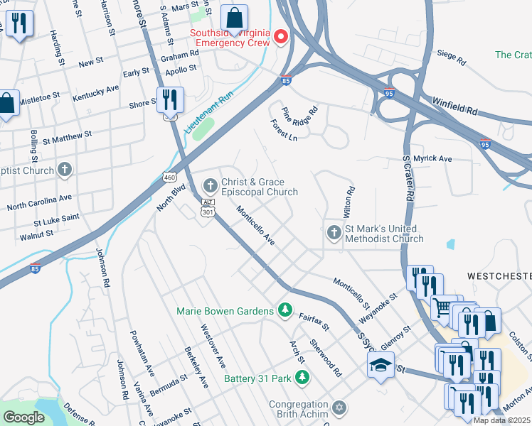 map of restaurants, bars, coffee shops, grocery stores, and more near 1620 Mount Vernon Street in Petersburg