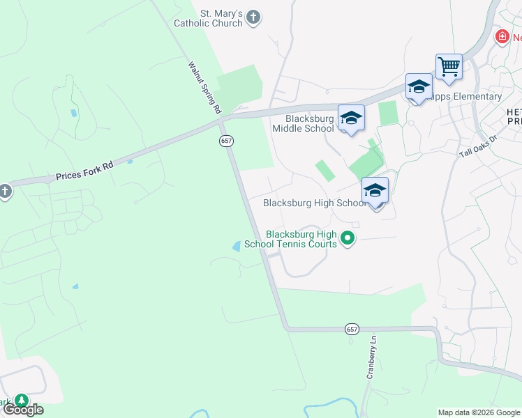 map of restaurants, bars, coffee shops, grocery stores, and more near 2308 Merrimac Road in Blacksburg