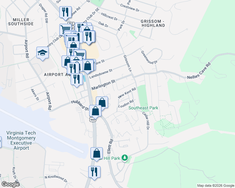 map of restaurants, bars, coffee shops, grocery stores, and more near 330 New Kent Road in Blacksburg