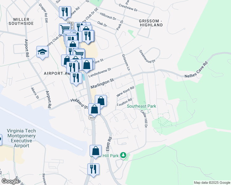 map of restaurants, bars, coffee shops, grocery stores, and more near 330 New Kent Road in Blacksburg