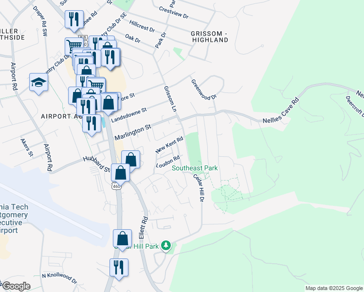 map of restaurants, bars, coffee shops, grocery stores, and more near 1807 Sussex Road in Blacksburg