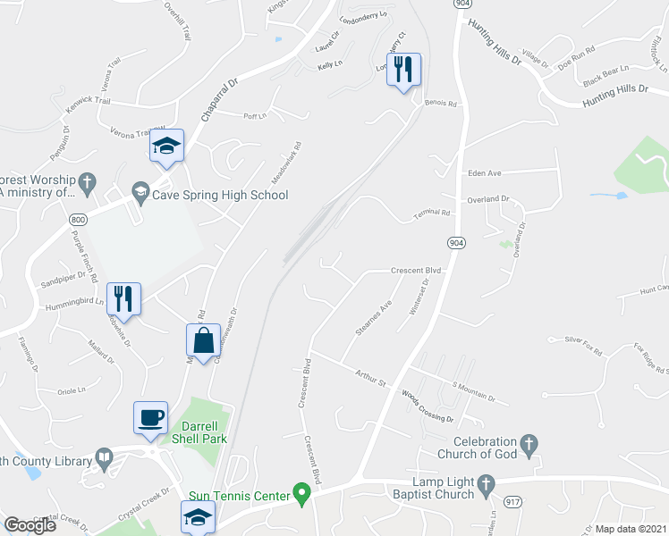 map of restaurants, bars, coffee shops, grocery stores, and more near 5516 Woodland Lane in Roanoke