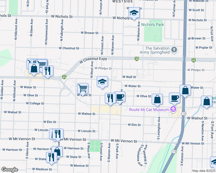 map of restaurants, bars, coffee shops, grocery stores, and more near 337 North Warren Avenue in Springfield